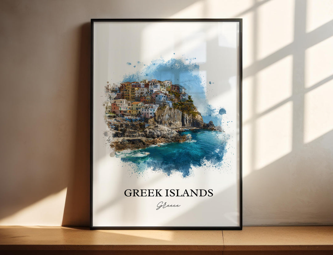 Watercolor Greek Islands coastal village wall art in a black frame featuring colorful cliffside homes and sparkling Aegean waters, a scenic Greece travel print.
