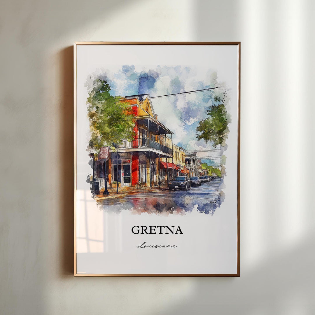 Gretna Louisiana watercolor wall art in a gold frame featuring a charming historic downtown street with colorful storefronts and watercolor details.