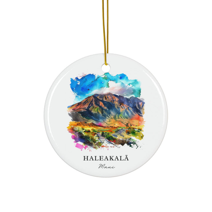 Haleakalā Maui white holiday ornament featuring a vibrant watercolor volcanic landscape with colorful peaks and sweeping island scenery.