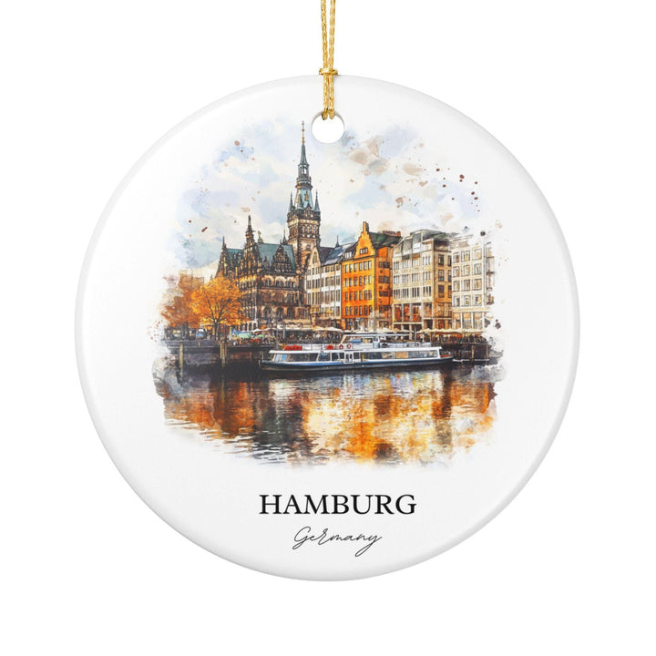 Hamburg Germany white holiday ornament featuring a watercolor harbor scene with historic waterfront buildings and glowing canal reflections.
