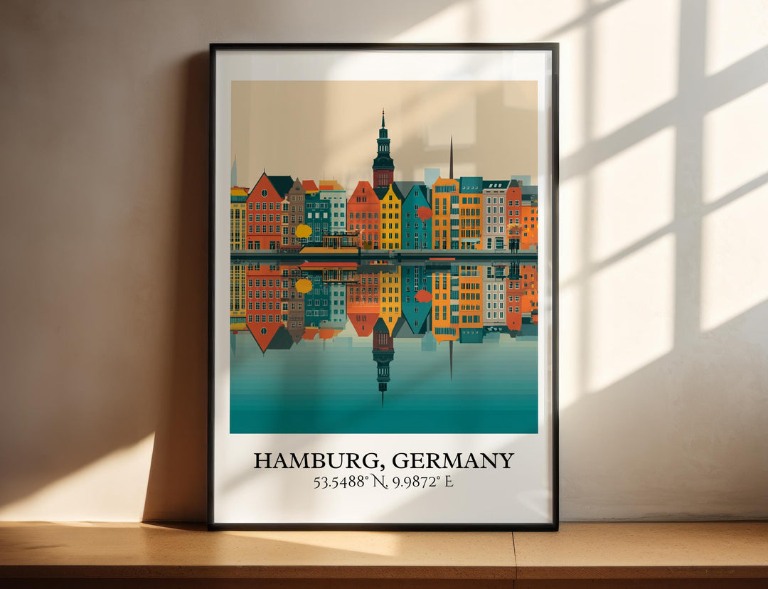 Colorful facades mirrored across harbor waters.