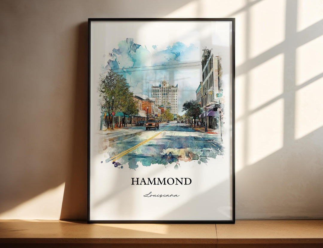 Hammond Louisiana watercolor wall art in a black frame featuring a charming downtown streetscape with historic architecture and vibrant watercolor details.