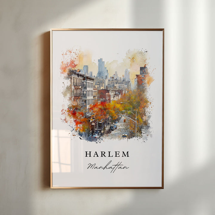 Gold framed Harlem, Manhattan watercolor wall art featuring a colorful neighborhood streetscape with autumn trees and classic New York charm.