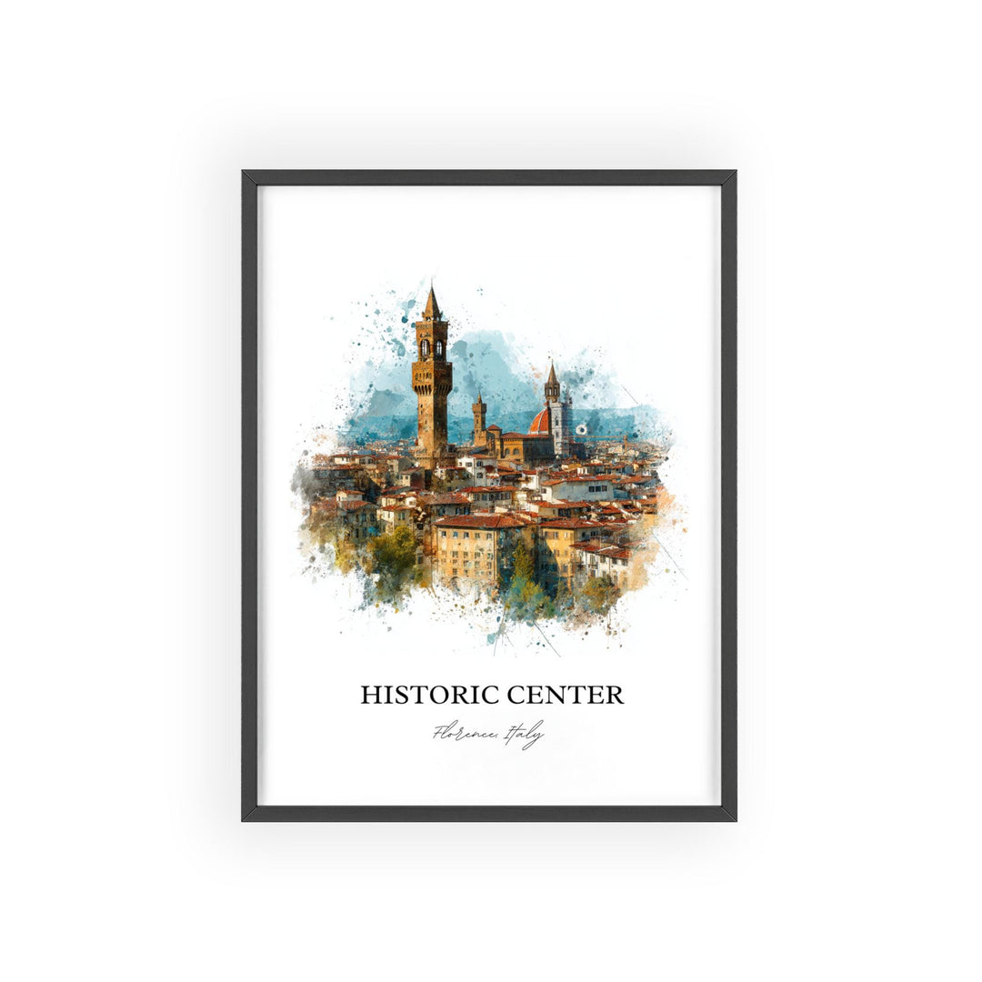 Historic Center Florence Italy watercolor wall art in a black frame showcases Florence's iconic skyline with vibrant architectural beauty and Tuscan charm.