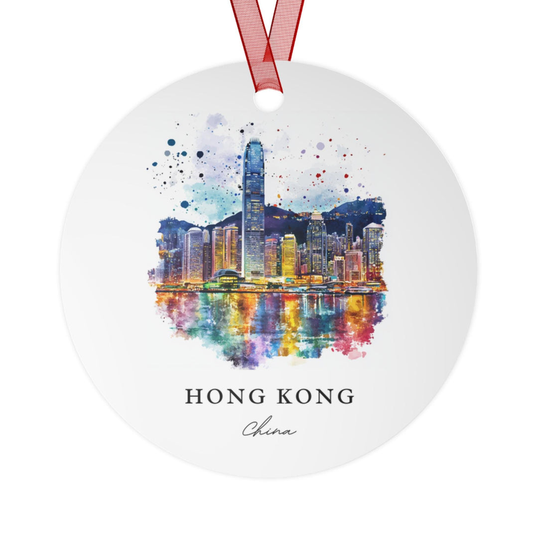 Hong Kong China holiday ornament with a white finish showcases the colorful skyline reflecting across Victoria Harbour.