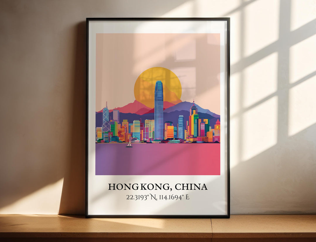 Hong Kong China modern wall art in a black frame features a vibrant skyline with bold colors, mountain views, and harbor scenery.