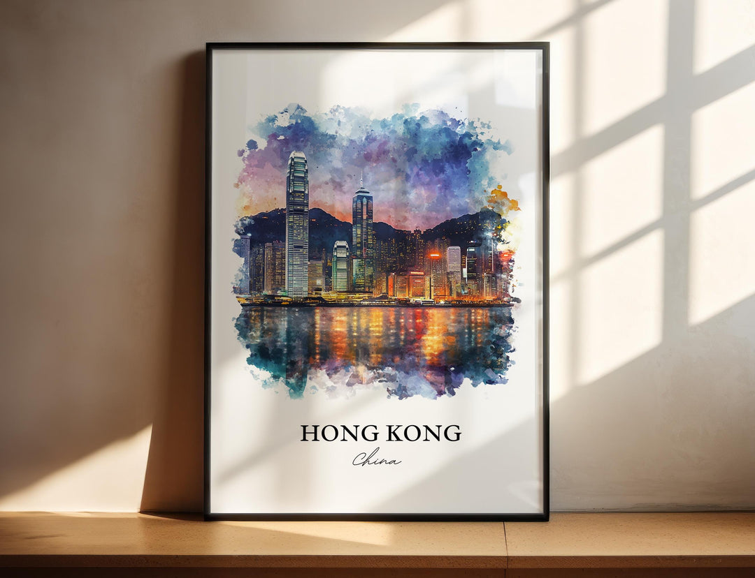 Hong Kong China watercolor wall art in a black frame captures the illuminated skyline reflecting across Victoria Harbour at dusk.