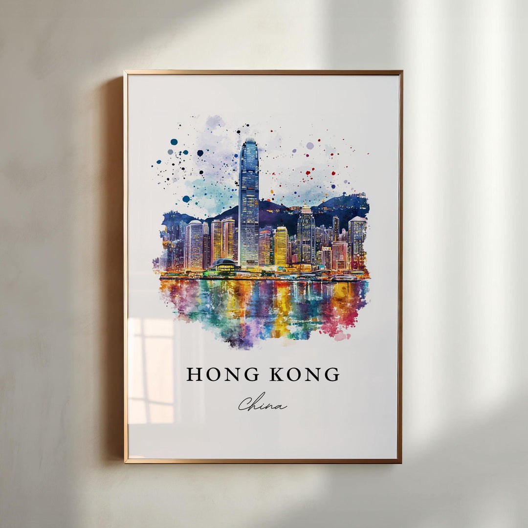 Hong Kong China watercolor wall art in a gold frame showcases the vibrant skyline reflecting across Victoria Harbour at sunset.