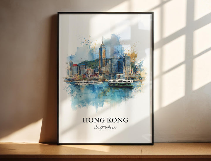 Hong Kong East Asia watercolor wall art in a black frame features Victoria Harbour, classic ferries, and a colorful skyline.