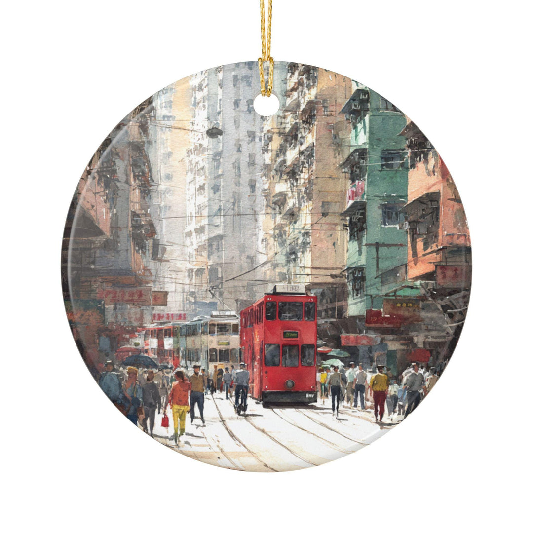 Hong Kong holiday ornament with a glossy finish features the iconic red tram and bustling streets in a colorful keepsake design.