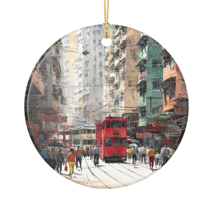 Hong Kong holiday ornament with a glossy finish features the iconic red tram and bustling streets in a colorful keepsake design.