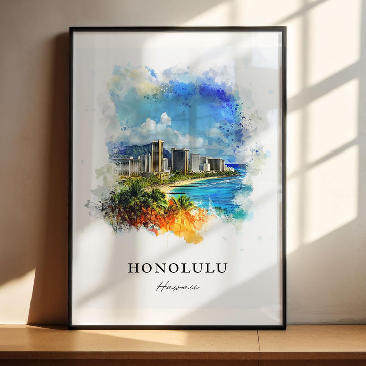 Honolulu Hawaii watercolor wall art in a black frame featuring Waikiki&