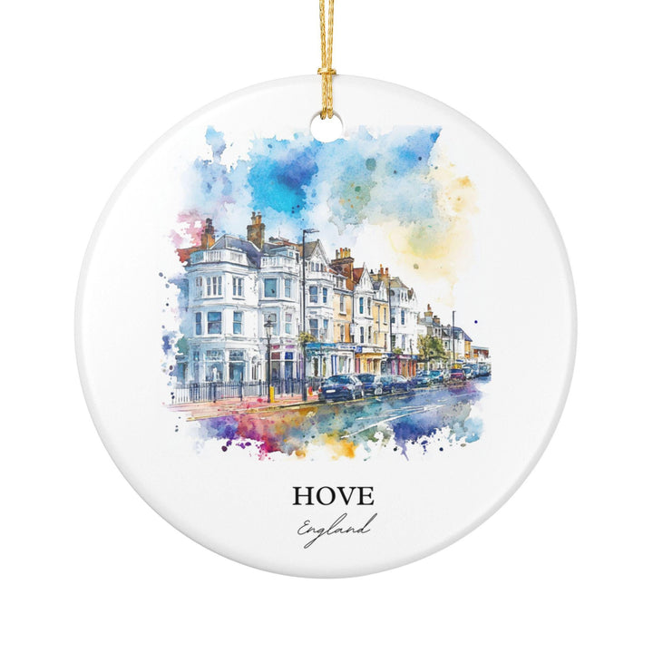 Celebrate the elegant seaside charm of Hove with this watercolor ceramic ornament featuring its iconic Victorian and Regency architecture, tree-lined streets, and vibrant coastal atmosphere. Perfect for residents, visitors, beach lovers, and anyone who treasures England&