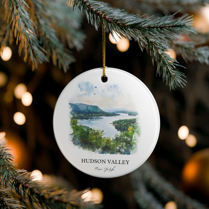 Hudson Valley New York white holiday ornament featuring a watercolor river landscape with rolling hills, lush forests, and peaceful scenic views.