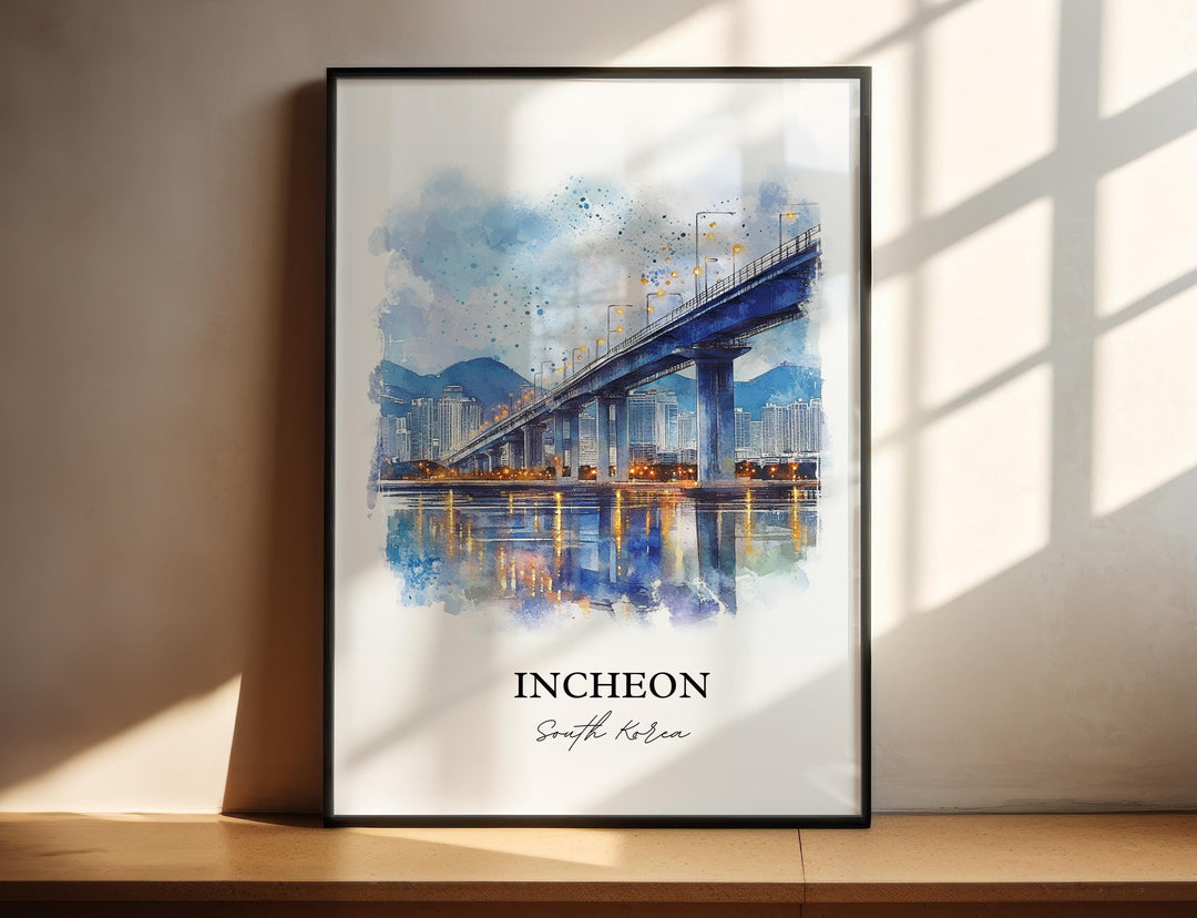 Incheon South Korea watercolor wall art in a black frame featuring a waterfront bridge with glowing evening reflections in rich blue tones.