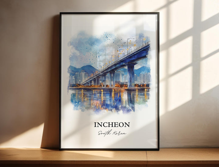 Incheon South Korea watercolor wall art in a black frame featuring a waterfront bridge with glowing evening reflections in rich blue tones.