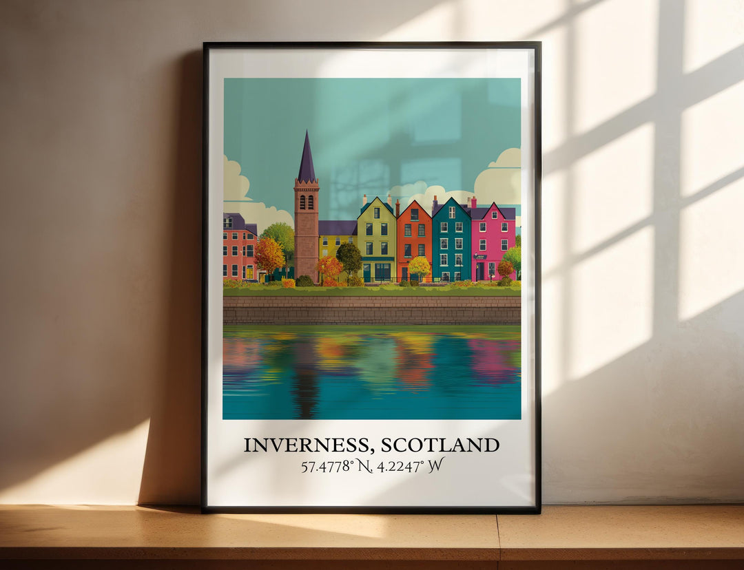 Colorful riverside reflections beneath Highland skies.