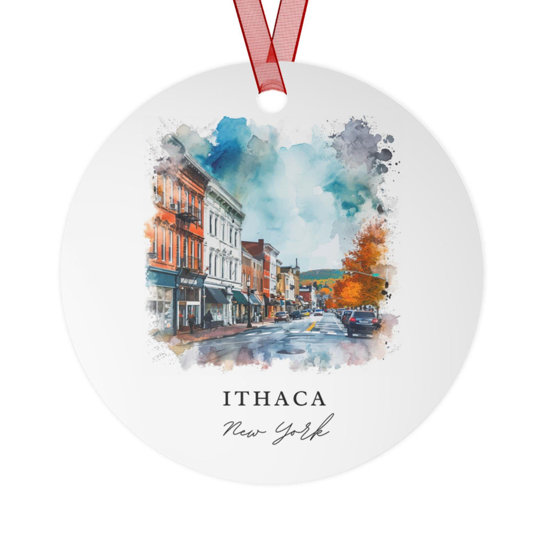 Beautiful ornament featuring a watercolor illustration of the city of Ithaca&