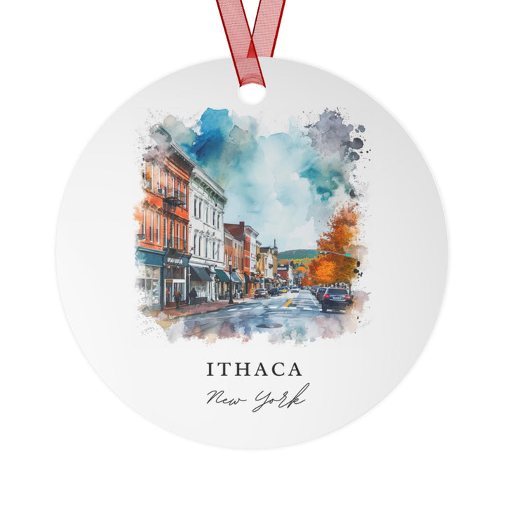 Beautiful ornament featuring a watercolor illustration of the city of Ithaca&