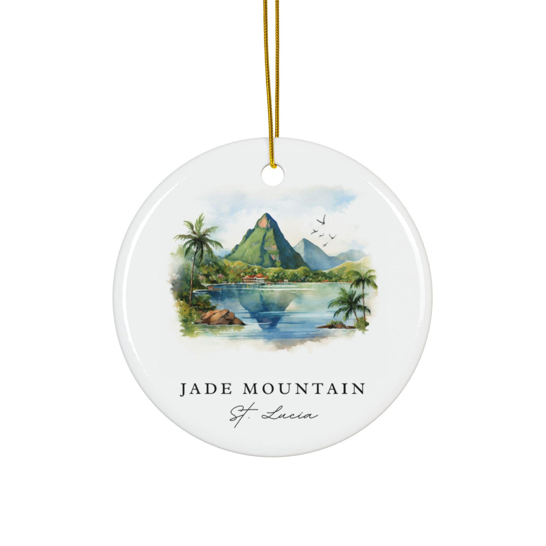 White ceramic Jade Mountain St. Lucia holiday ornament featuring the iconic Pitons above a tranquil Caribbean bay, a tropical keepsake for island lovers.