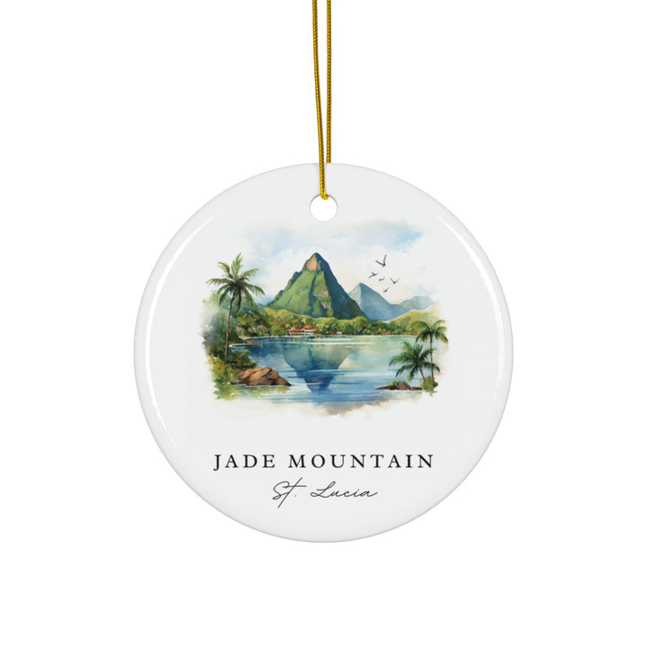 White ceramic Jade Mountain St. Lucia holiday ornament featuring the iconic Pitons above a tranquil Caribbean bay, a tropical keepsake for island lovers.