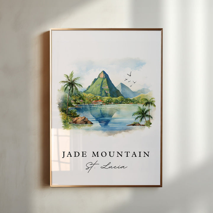 Watercolor Jade Mountain St. Lucia wall art in a light wood frame featuring the iconic Pitons above a serene Caribbean bay, a tropical landscape print.