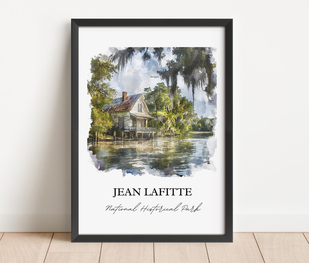 Jean Lafitte National Historical Park Louisiana watercolor wall art in a black frame featuring a historic bayou cabin and peaceful marsh scenery.
