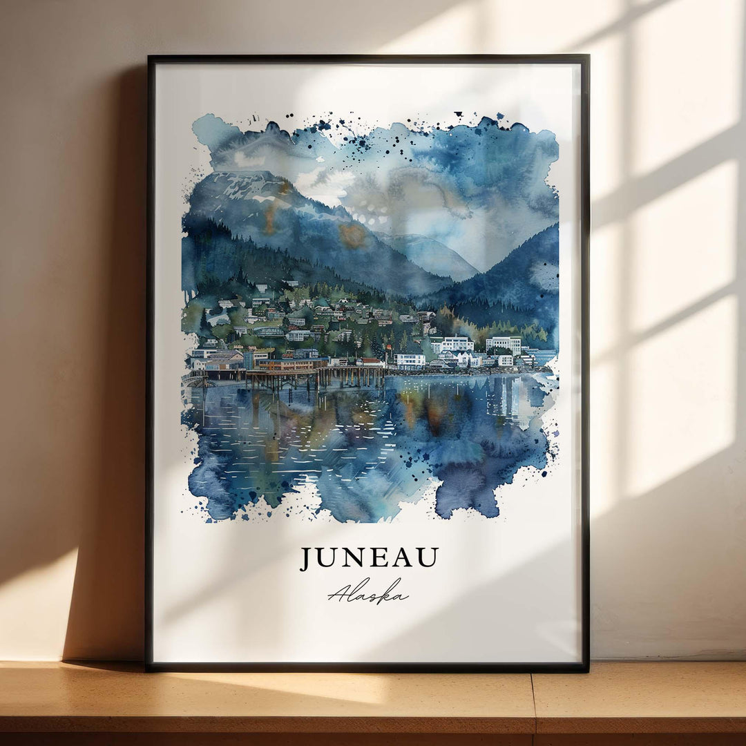 Juneau Alaska watercolor wall art in a black frame featuring a scenic harbor, forested mountains, calm waterfront reflections, and deep blue tones.