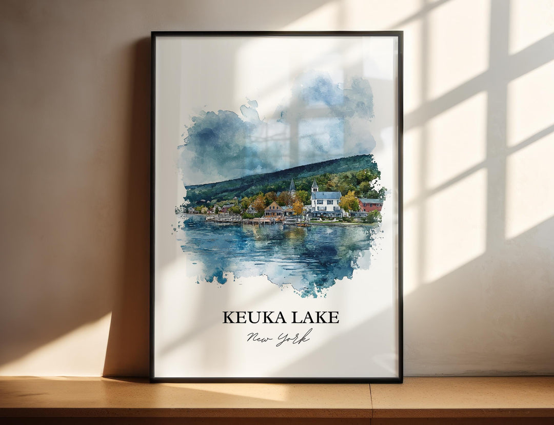 Scenic Keuka Lake New York watercolor painting featuring a charming lakeside village.