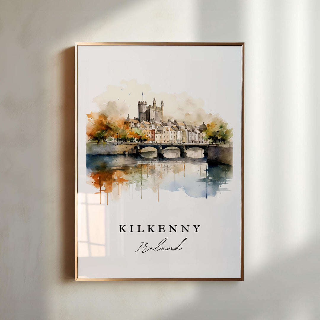 Kilkenny Ireland watercolor wall art in a gold frame featuring Kilkenny Castle, a graceful stone bridge, calm river reflections, and warm autumn colors.