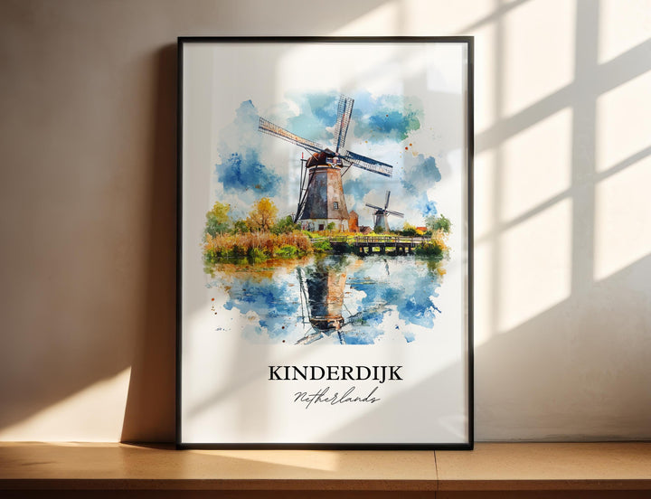 Windmills reflect peaceful days by the water.