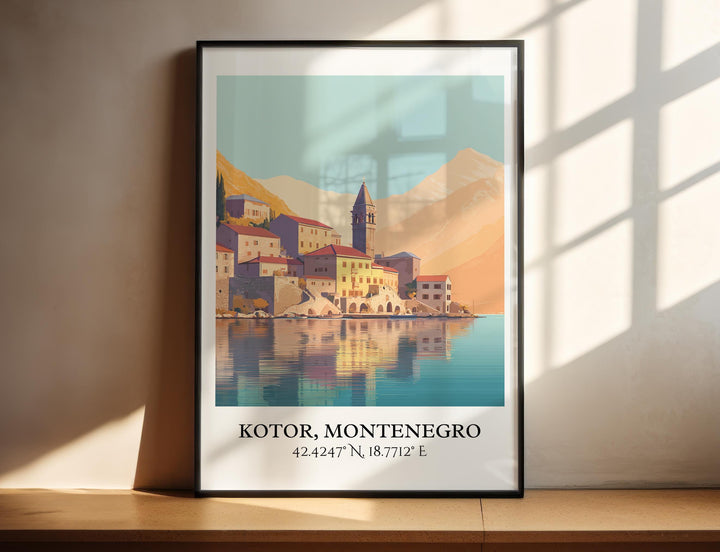 Sunlit Adriatic waterfront beneath dramatic mountain peaks.