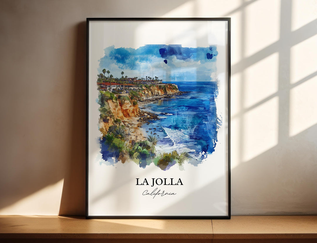 Sunlit sandstone cliffs and turquoise Pacific waters rendered in a vibrant watercolor style.