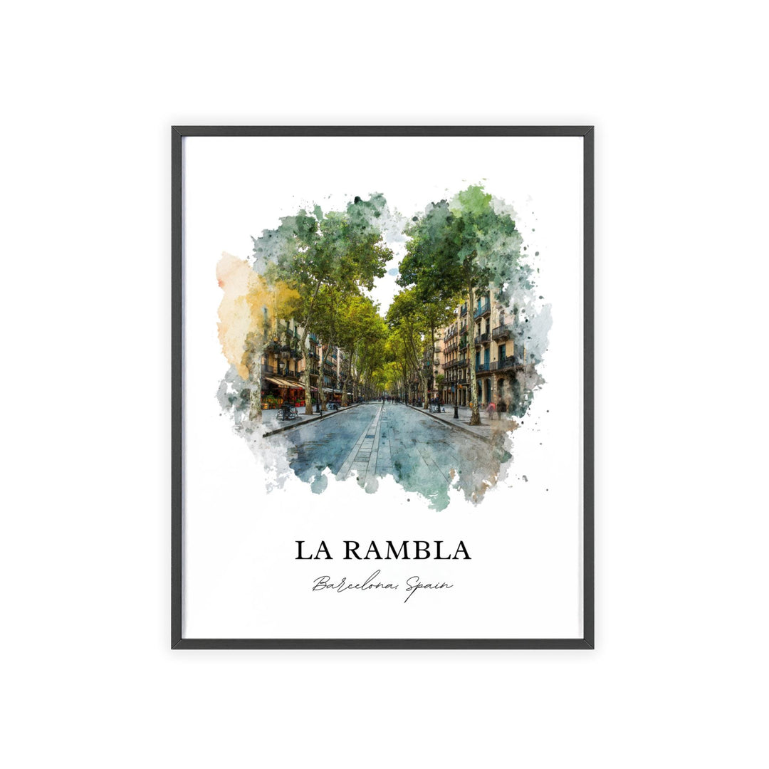 La Rambla Barcelona Spain watercolor wall art in a black frame captures the tree-lined boulevard with inviting city charm.