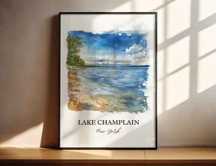 Peaceful Lake Champlain New York watercolor painting featuring a tranquil shoreline, crystal-blue waters, and distant Adirondack mountain views.