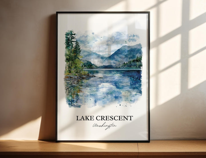 Watercolor Lake Crescent wall art in a black frame featuring crystal blue water and forested mountain scenery, a peaceful Washington landscape print.