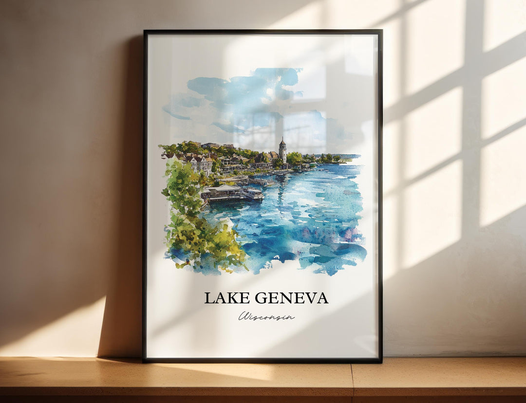 Lake Geneva Wisconsin watercolor wall art in a black frame featuring a peaceful shoreline with sparkling blue water and charming lakeside views.
