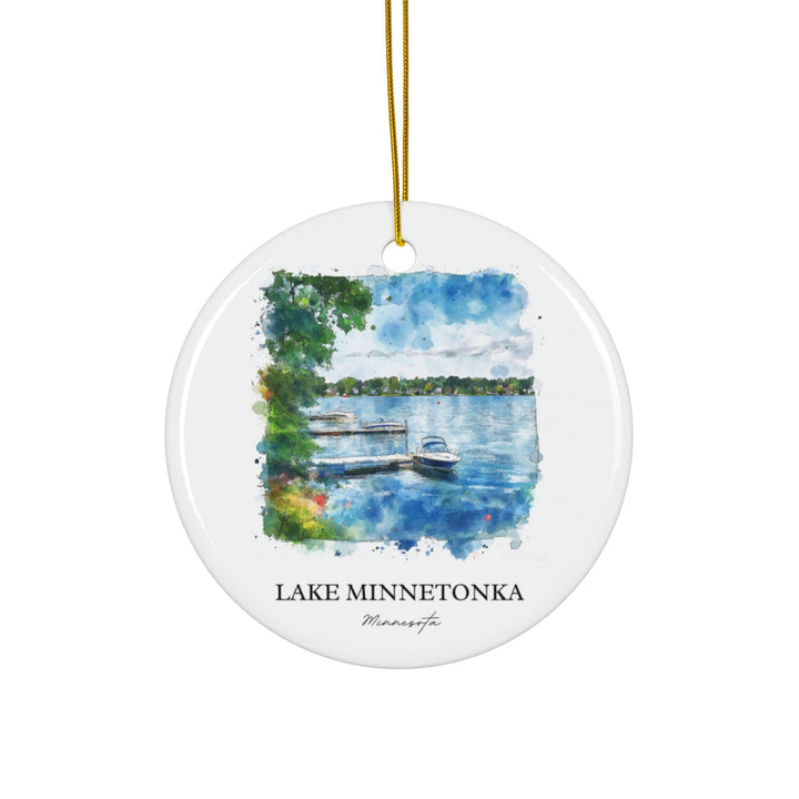Lake Minnetonka Minnesota white holiday ornament featuring a watercolor lakeside with peaceful docks, boats, and sparkling blue water.