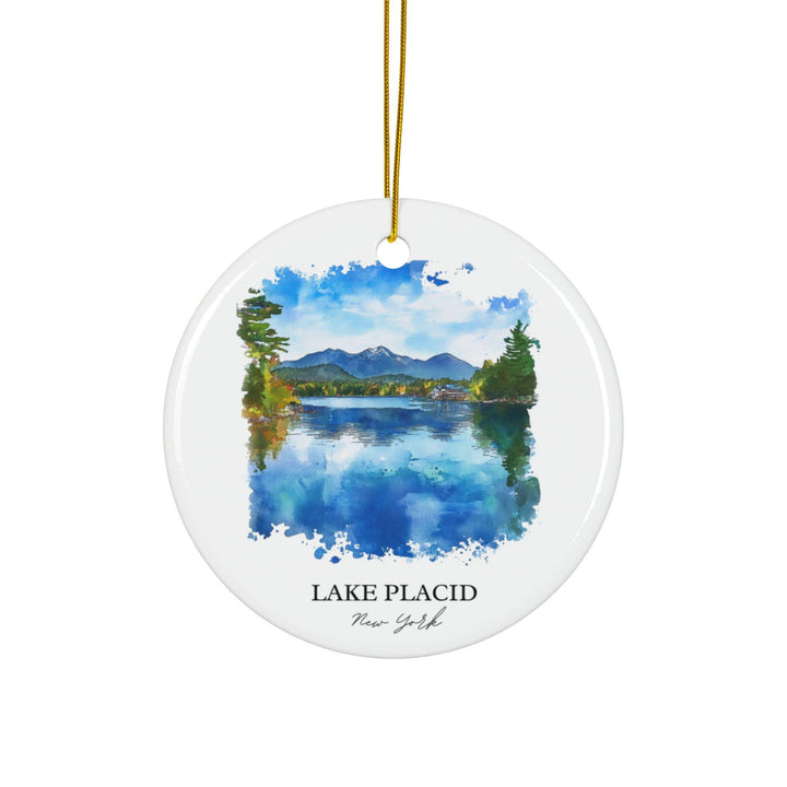 White Lake Placid, New York holiday ornament featuring a peaceful mountain lake watercolor with forest reflections and scenic Adirondack beauty.