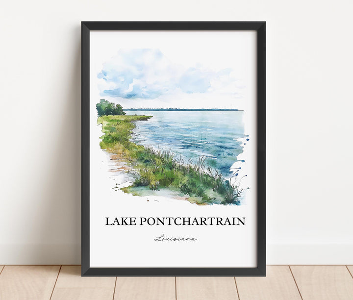 Lake Pontchartrain Louisiana watercolor wall art featuring peaceful shoreline views and calm waters in a timeless landscape print.