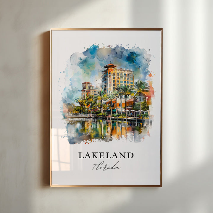 Lakeland Florida watercolor wall art in a gold frame featuring palm-lined waterfront views, colorful downtown architecture, and shimmering lake reflections.