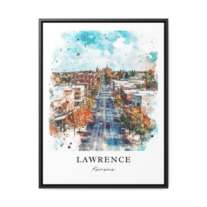 Lawrence Kansas watercolor wall art in a black frame featuring a vibrant downtown streetscape with colorful autumn trees and historic architecture.