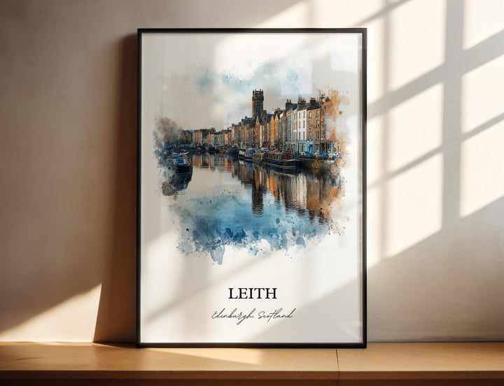 Scenic Leith Edinburgh Scotland watercolor painting featuring the historic waterfront, colorful harbor buildings, canal reflections, and charming boats.