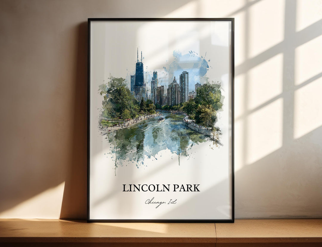 Lincoln Park Chicago Illinois watercolor wall art in a black frame captures the neighborhood&