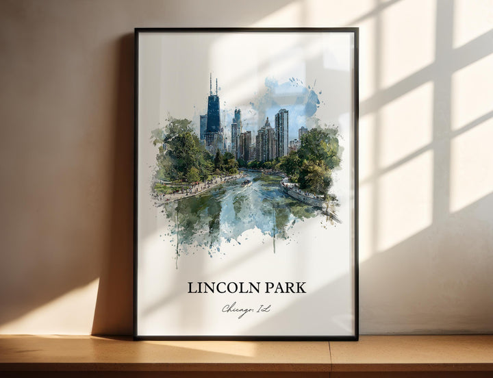 Lincoln Park Chicago Illinois watercolor wall art in a black frame captures the neighborhood&