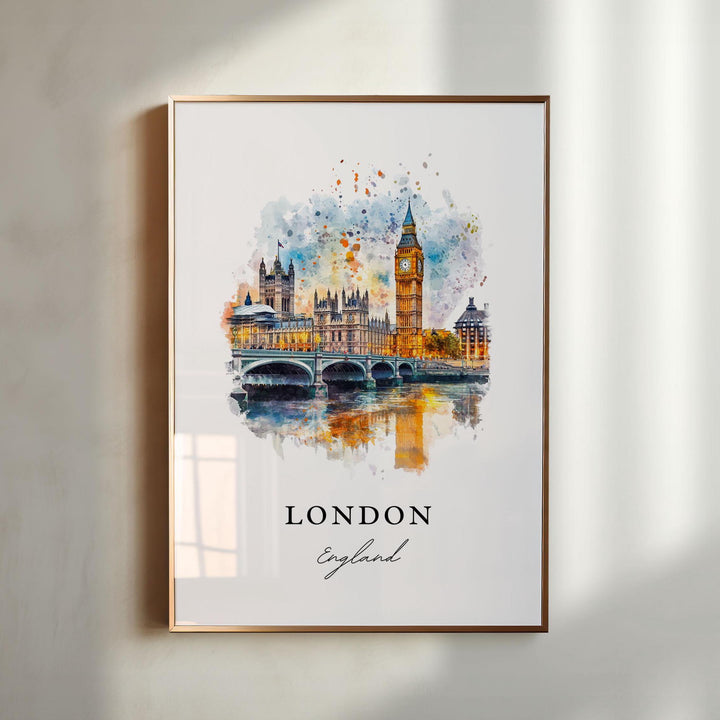 London England watercolor wall art in a gold frame featuring Big Ben, Westminster Bridge, and the Houses of Parliament with vibrant reflections.