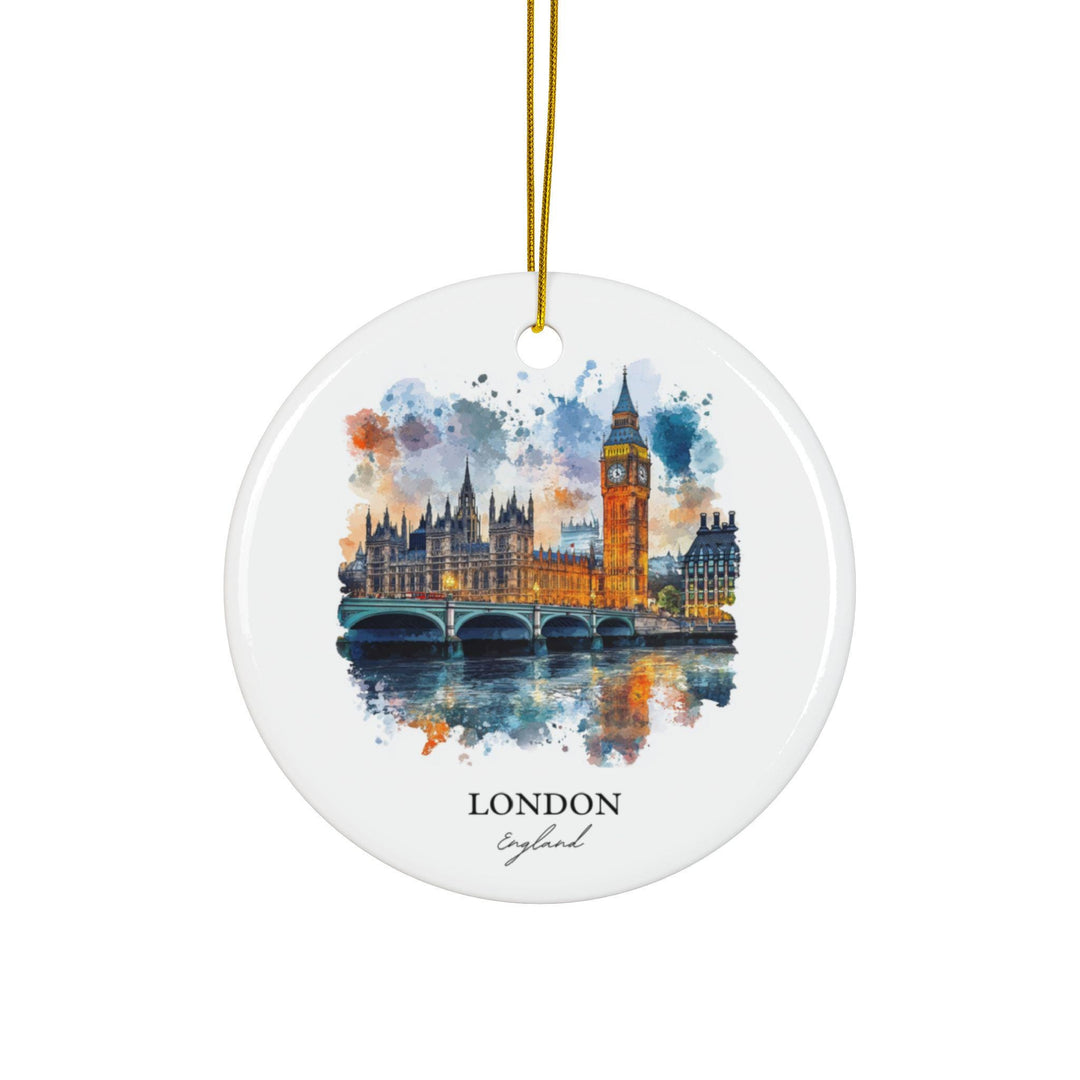 London England watercolor wall art in a gold frame featuring Big Ben, Westminster Bridge, and the Houses of Parliament with vibrant reflections.
