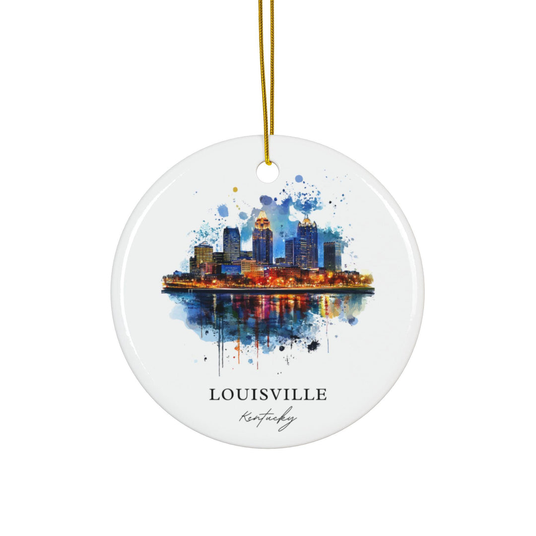Louisville Kentucky white holiday ornament featuring a watercolor downtown skyline with colorful evening reflections along the waterfront.