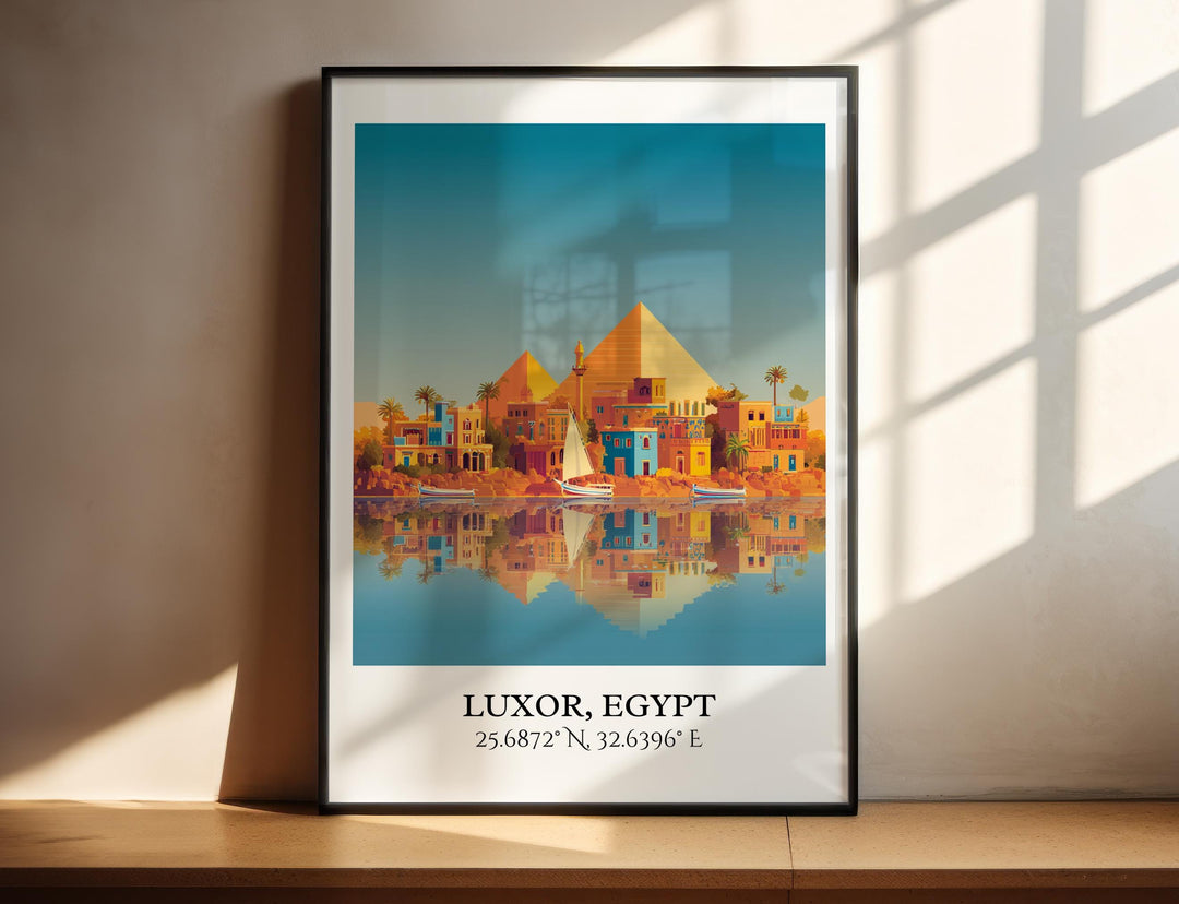 Ancient pyramids mirrored in tranquil waters.