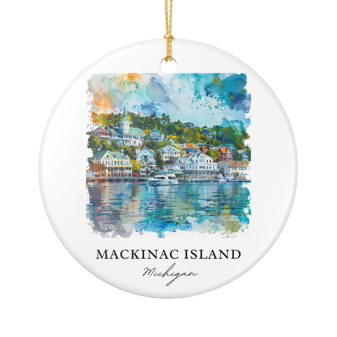 Mackinac Island Michigan ceramic ornament featuring the waterfront, colorful Victorian homes, and harbor in a timeless watercolor design.